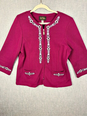 Bob Mackie Wearable Art Magenta Embroidered Zip-Front Jacket Medium